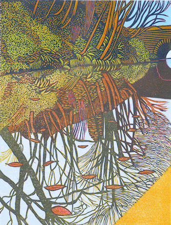 Birmingham Reflections, linocut by Eric Gaskell