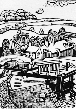 Foxton locks, linocut by Eric Gaskell