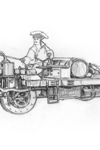 The first full-size locomotive was the Cugnot road locomotive of 1769-70 framed A4 signed print